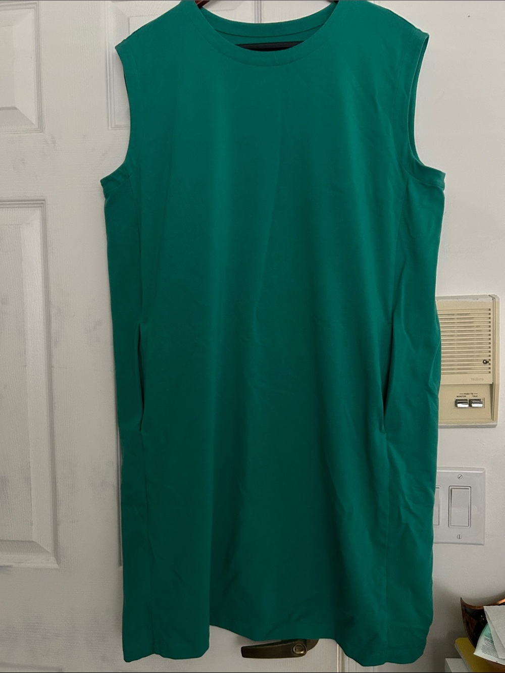 Eileen Fisher VGC teal knee length Sleeveless shift Dress pockets 100% cotton
